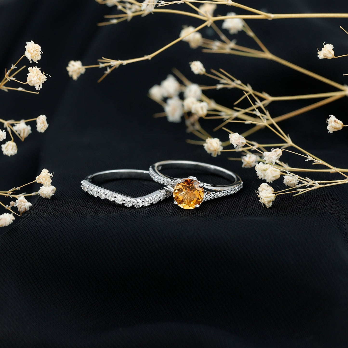 Certified Real Citrine Engagement Ring with Moissanite Wedding Band