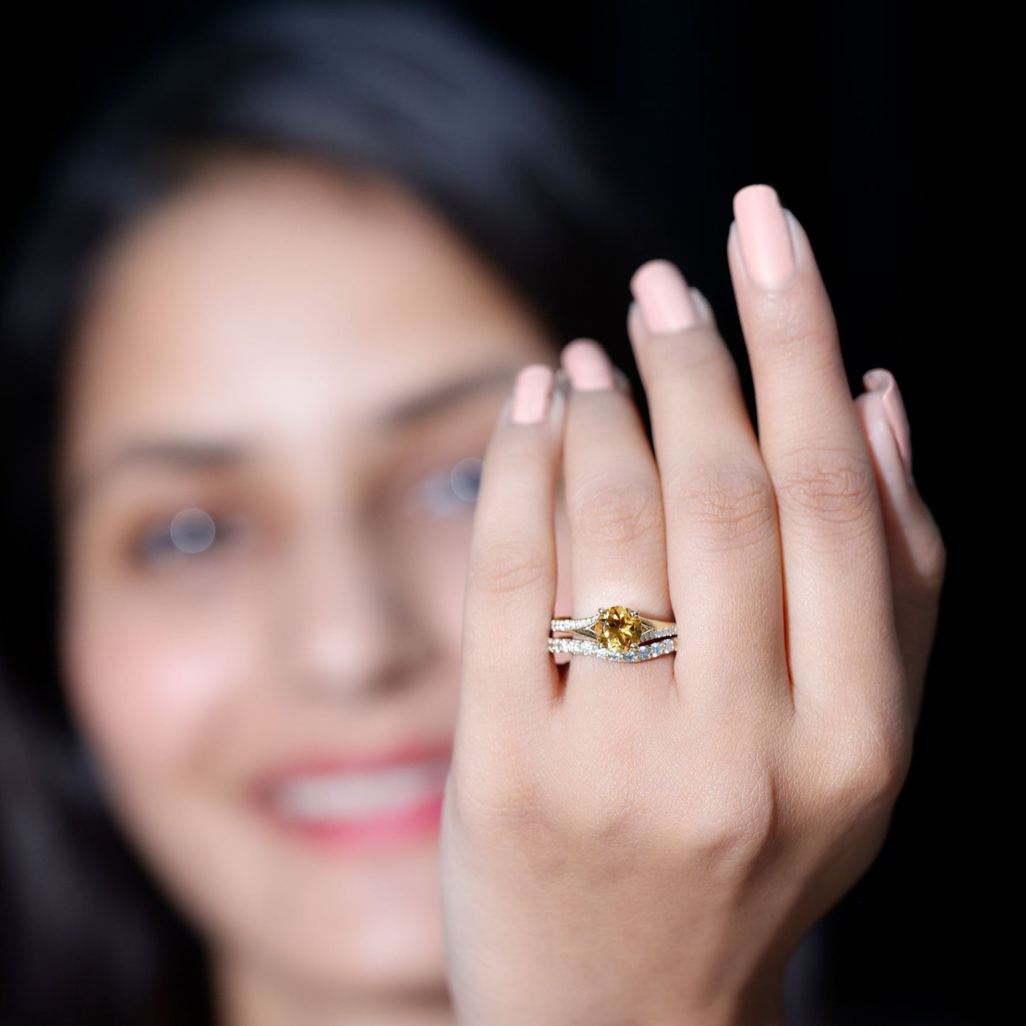 Certified Real Citrine Engagement Ring with Moissanite Wedding Band