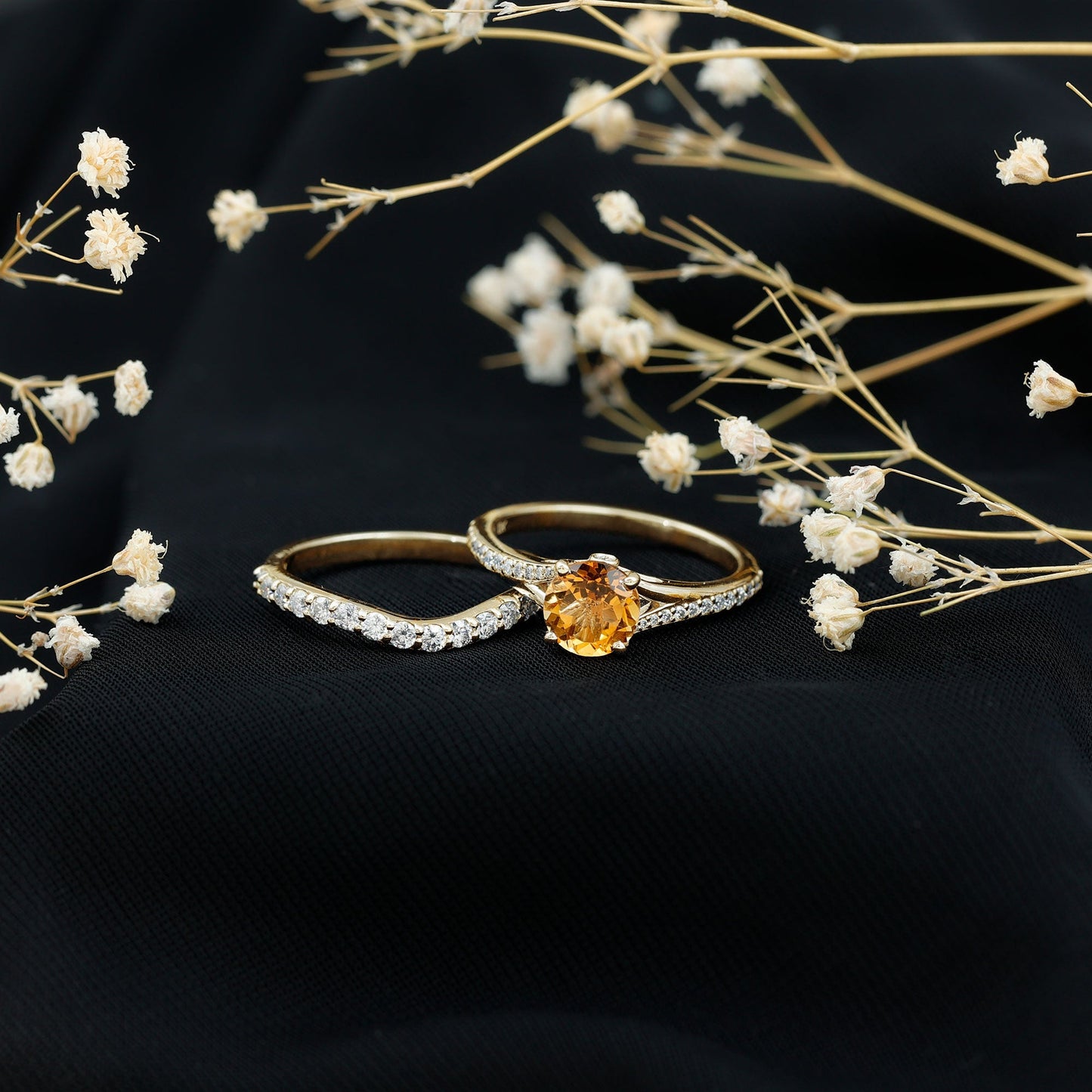 Certified Real Citrine Engagement Ring with Moissanite Wedding Band