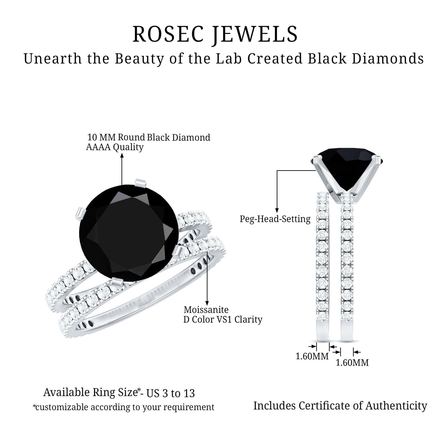 Certified 4.5 Carat Lab Grown Black Diamond Engagement Ring with Moissanite Wedding Band
