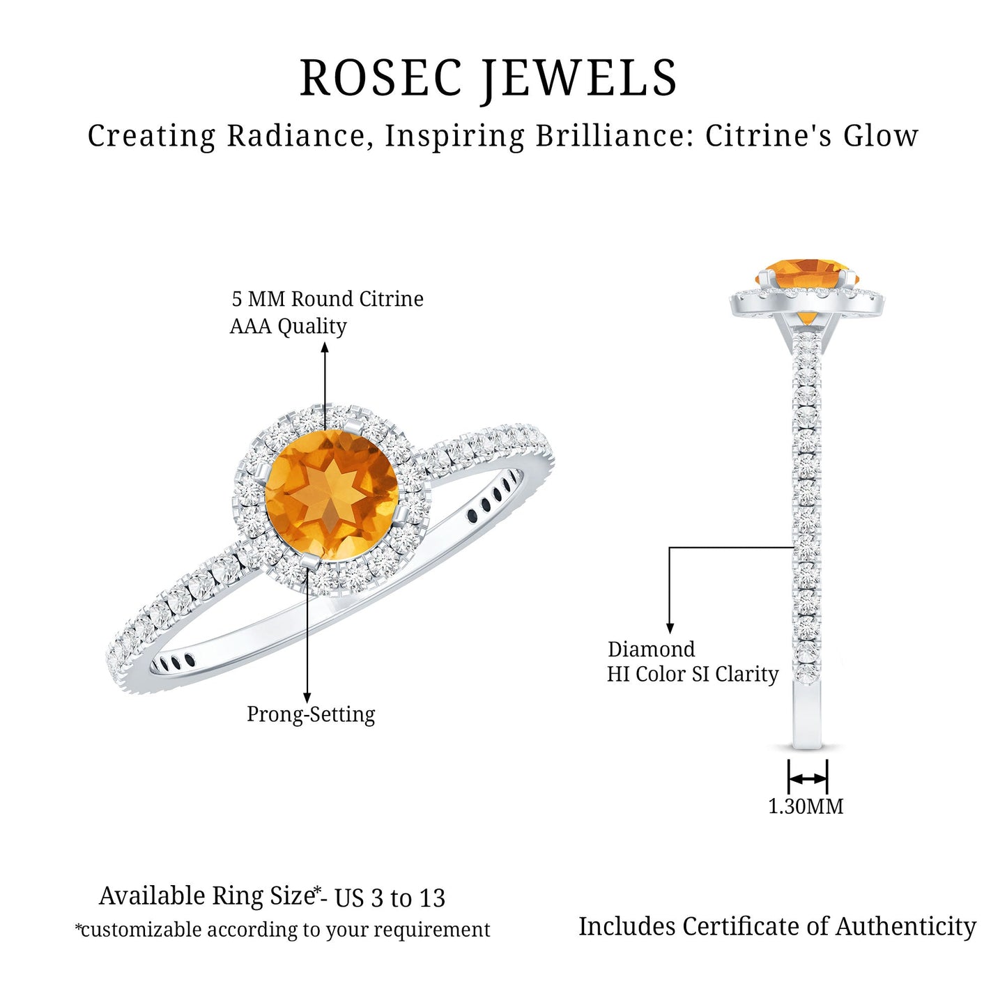 Round Cut Citrine and Diamond Classic Engagement Ring