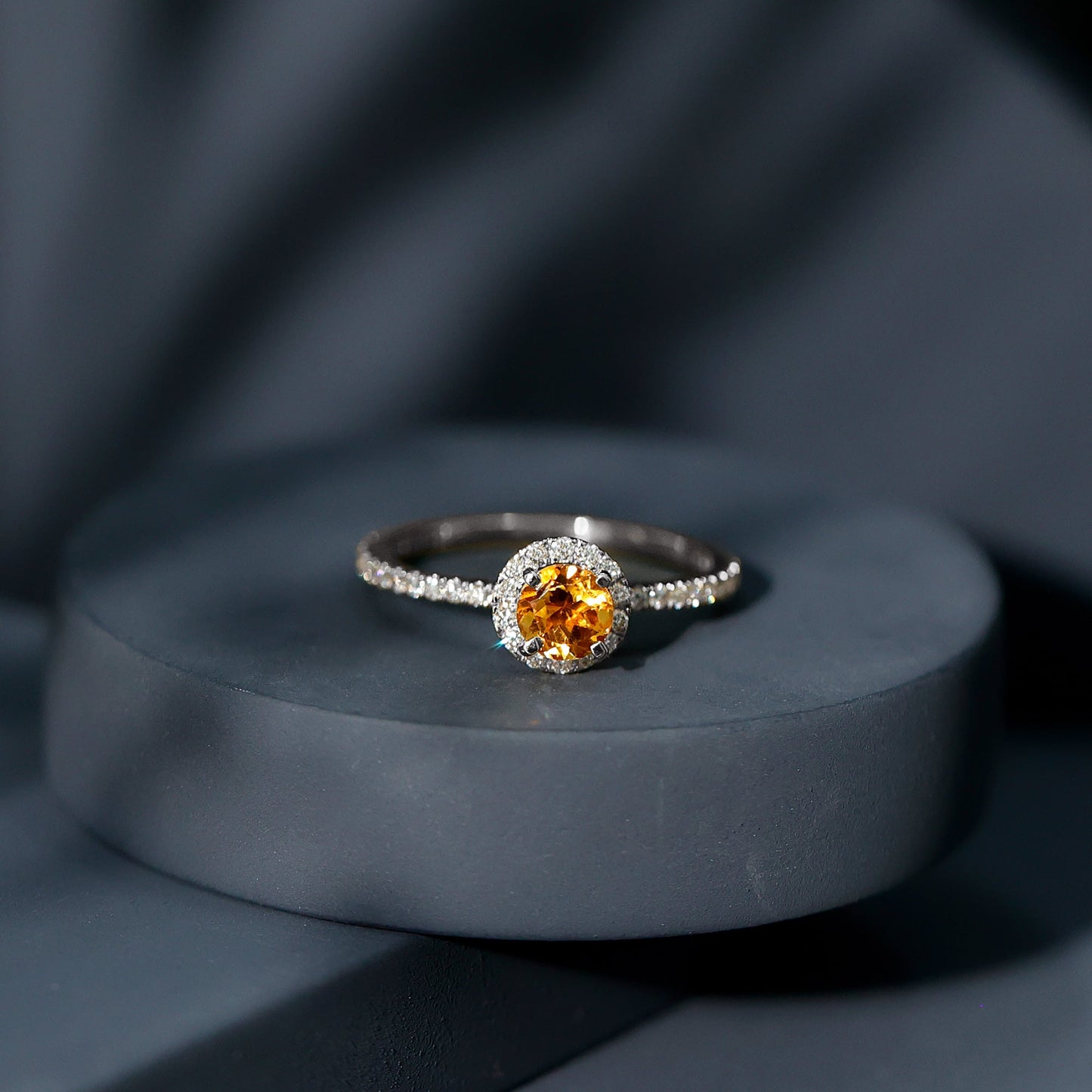 Round Cut Citrine and Diamond Classic Engagement Ring