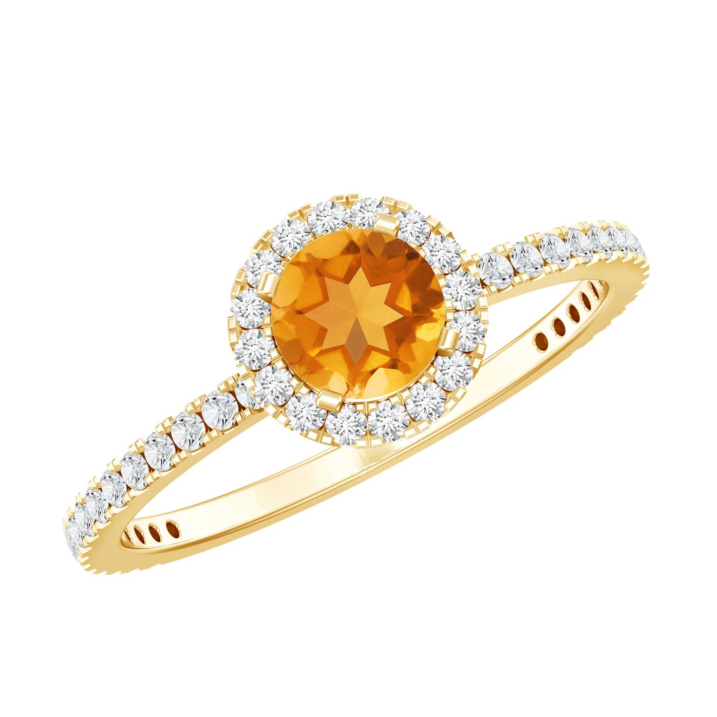 Round Cut Citrine and Diamond Classic Engagement Ring