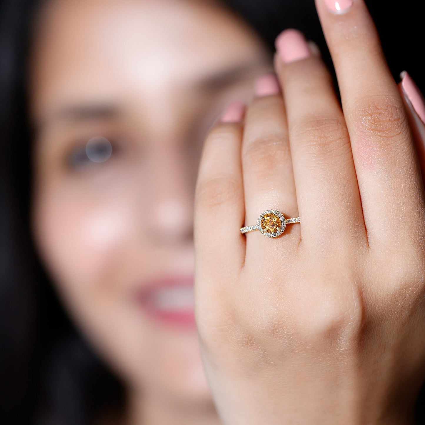 Round Cut Citrine and Diamond Classic Engagement Ring