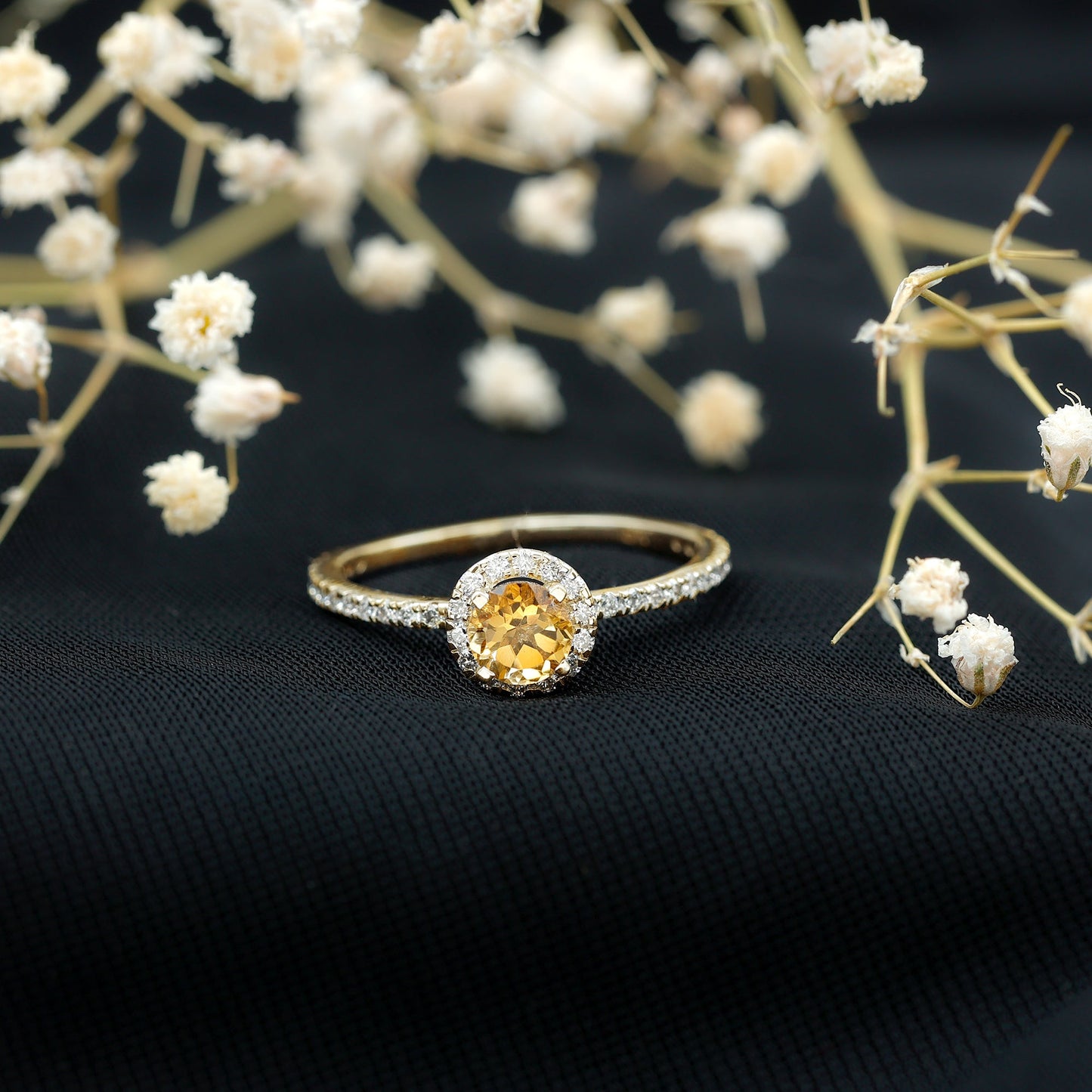 Round Cut Citrine and Diamond Classic Engagement Ring
