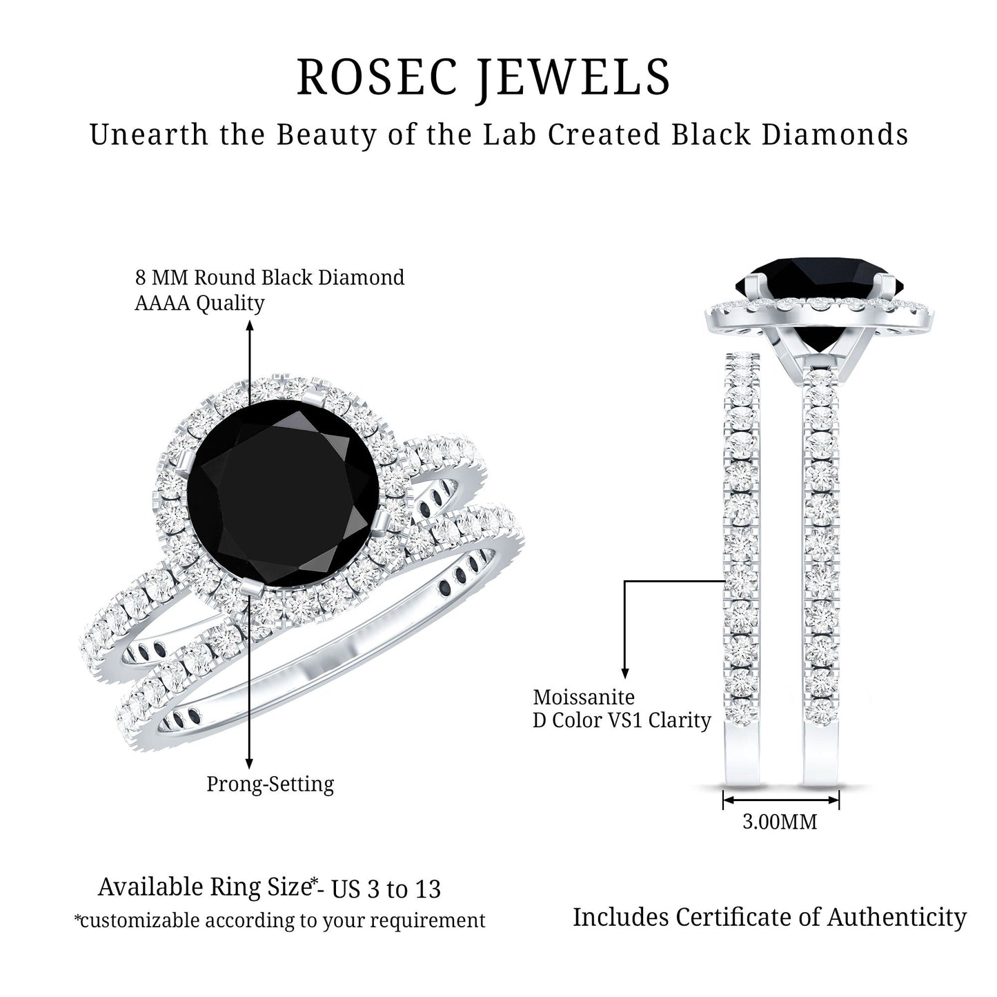 2 Carat Lab Grown Black Diamond Engagement Ring with Moissanite Wedding Band