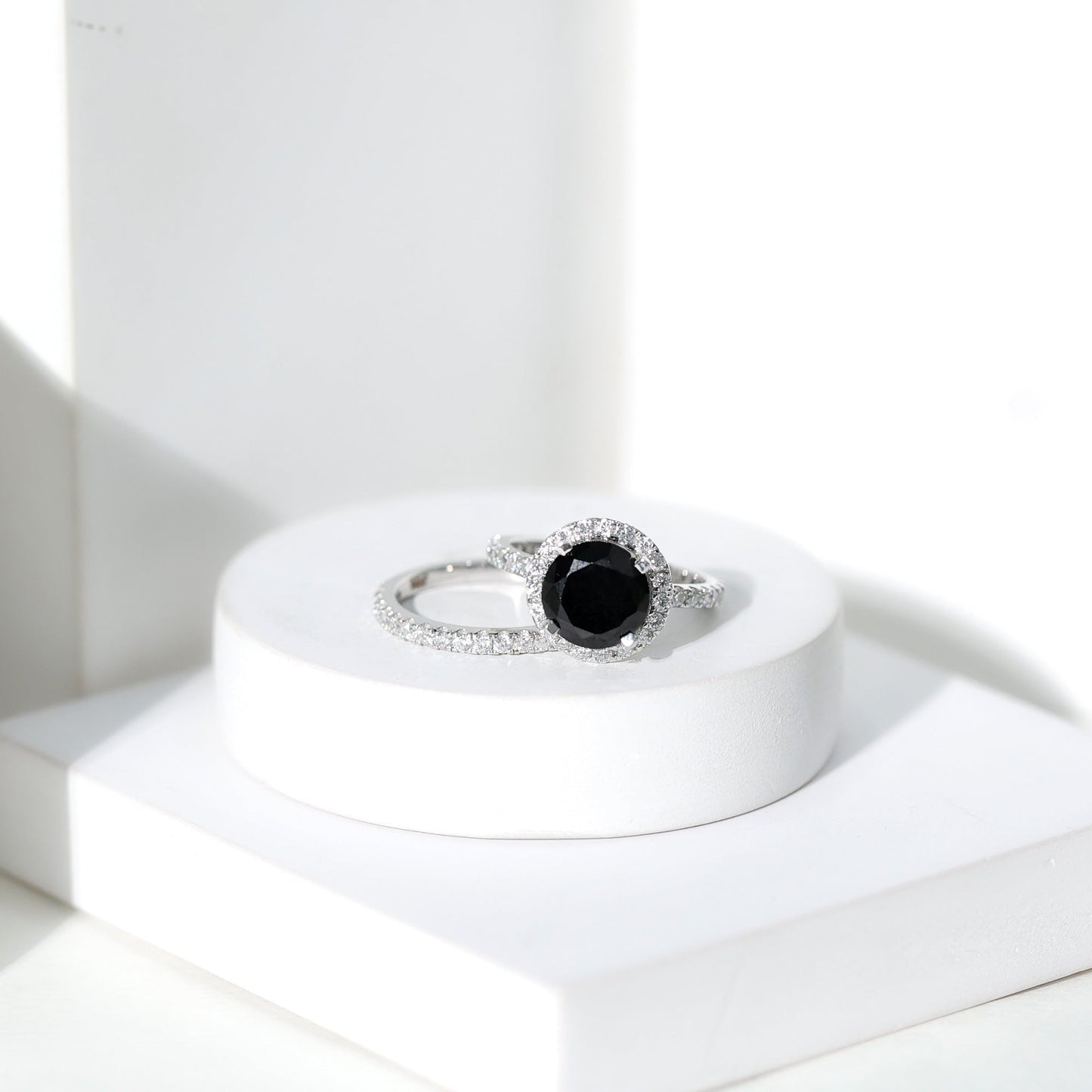 2 Carat Lab Grown Black Diamond Engagement Ring with Moissanite Wedding Band
