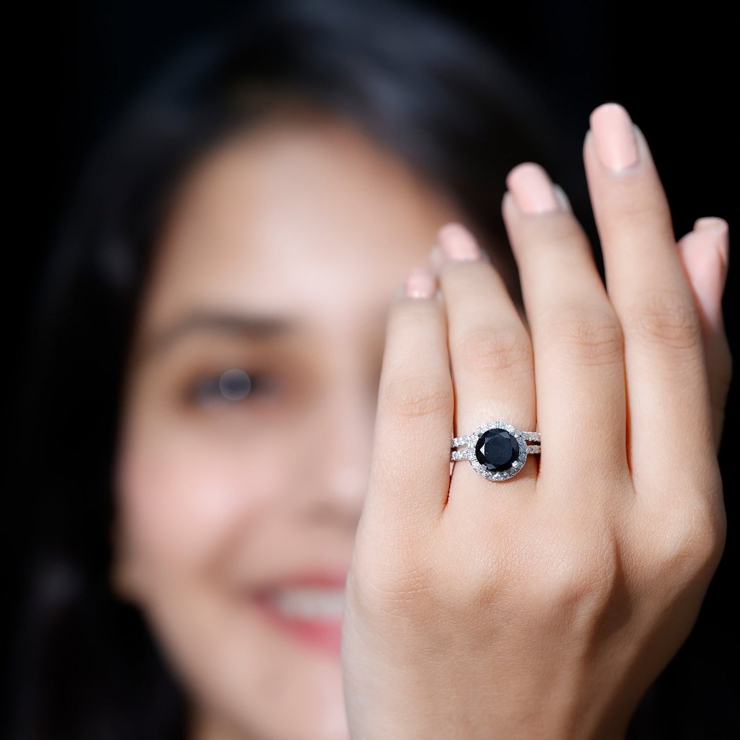 2 Carat Lab Grown Black Diamond Engagement Ring with Moissanite Wedding Band