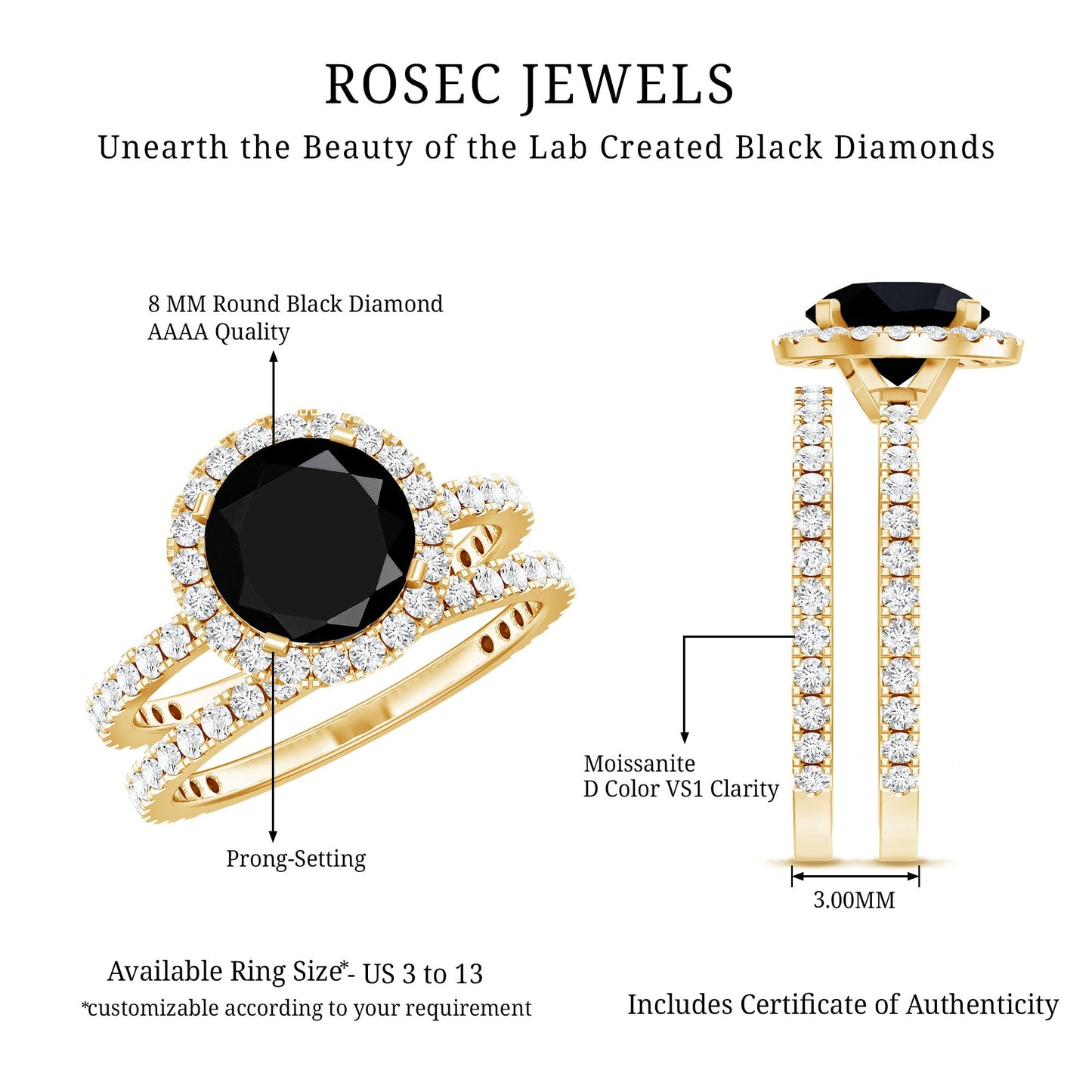 2 Carat Lab Grown Black Diamond Engagement Ring with Moissanite Wedding Band