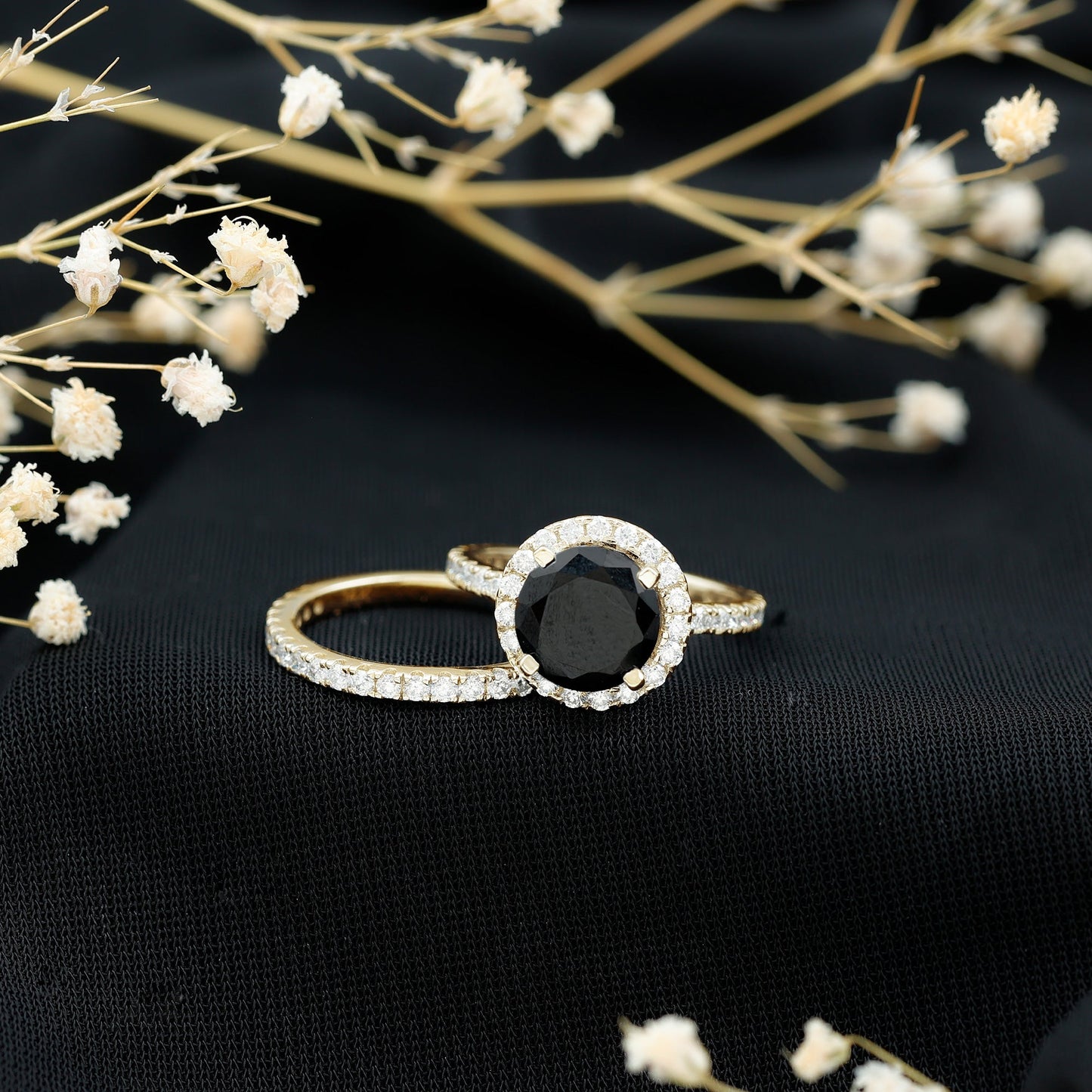 2 Carat Lab Grown Black Diamond Engagement Ring with Moissanite Wedding Band