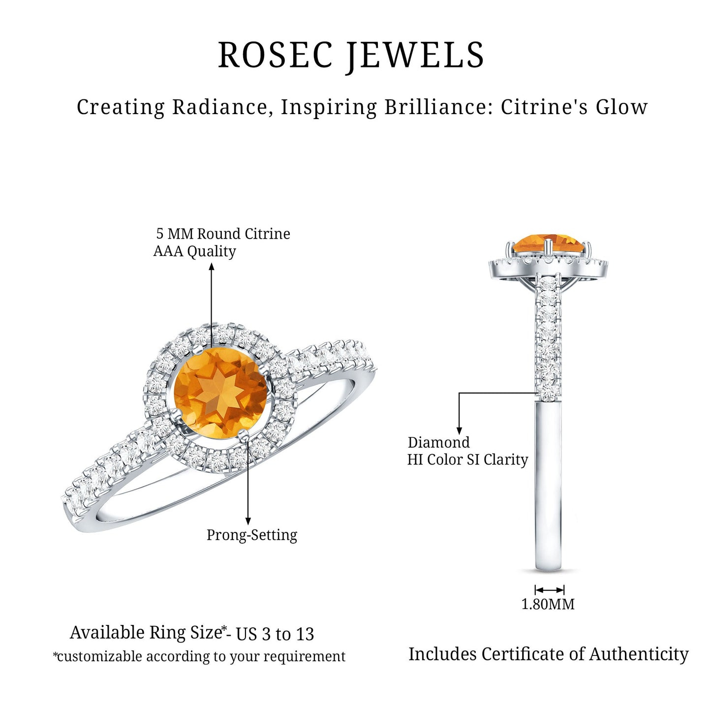 Minimalist Citrine Diamond Engagement Ring with Halo