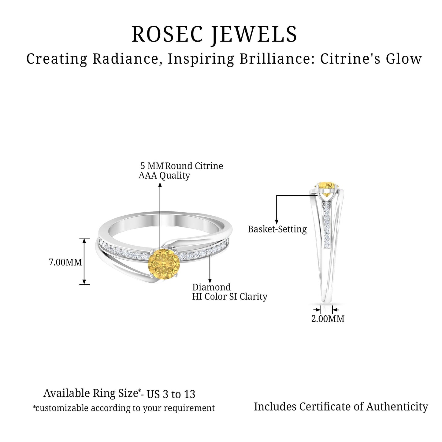 Natural Citrine Engagement Ring with Diamond Bypass Shank