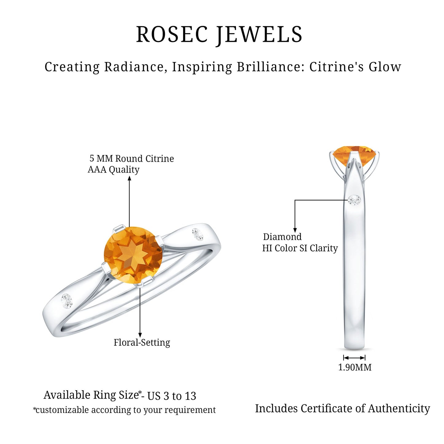 Certified Real Citrine Promise Ring with Diamond