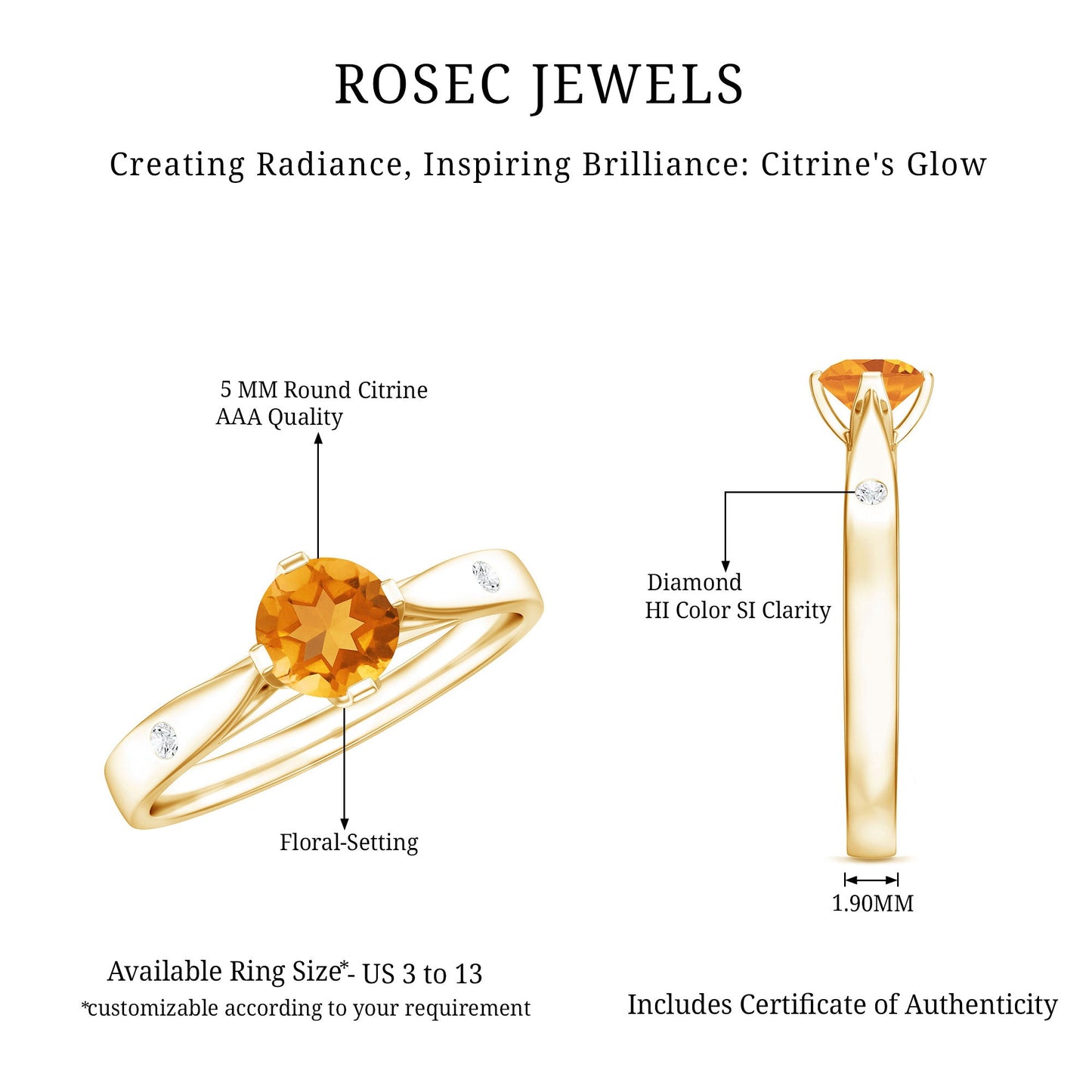 Certified Real Citrine Promise Ring with Diamond