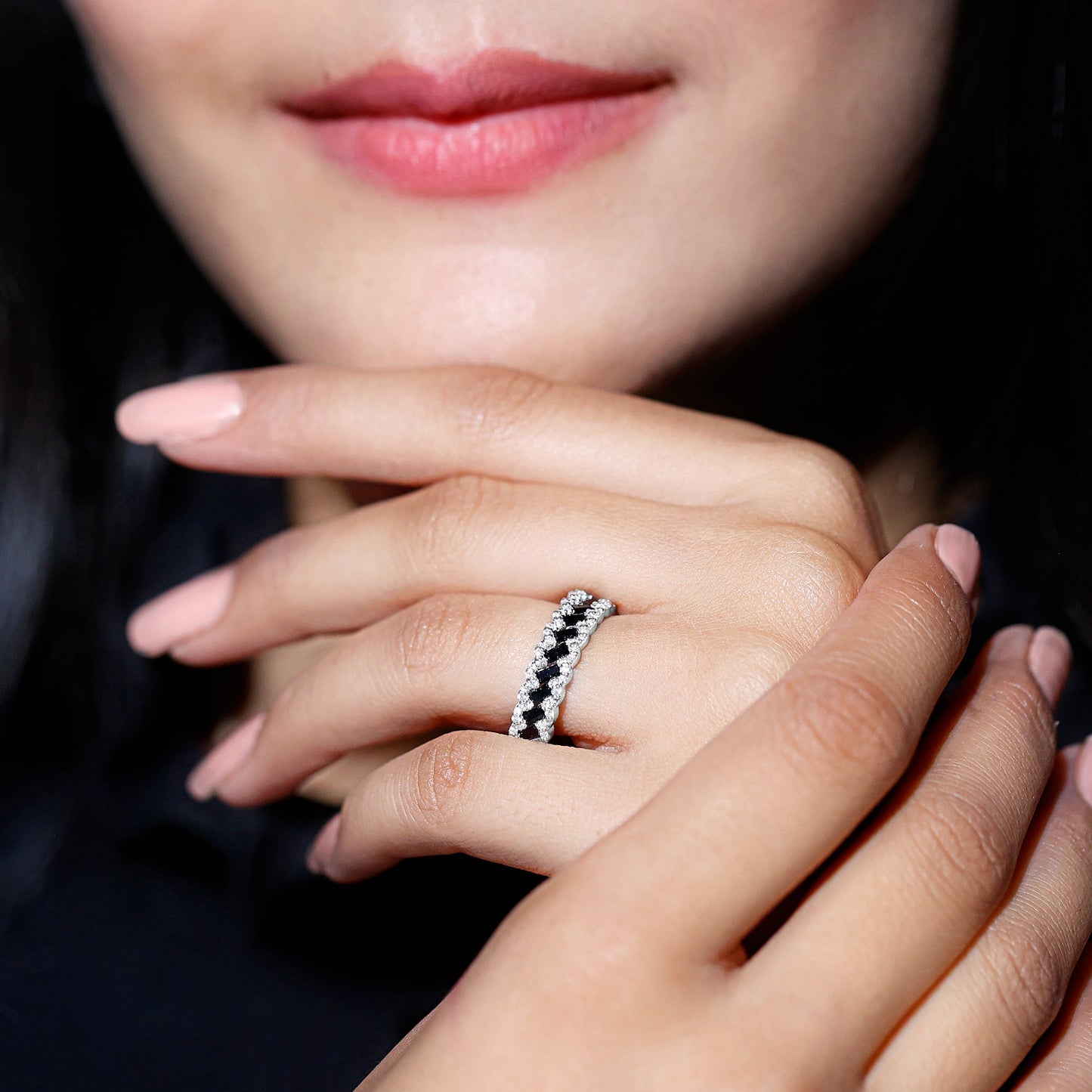 Certified Lab Grown Black and White Diamond Half Eternity Band Ring for Anniversary