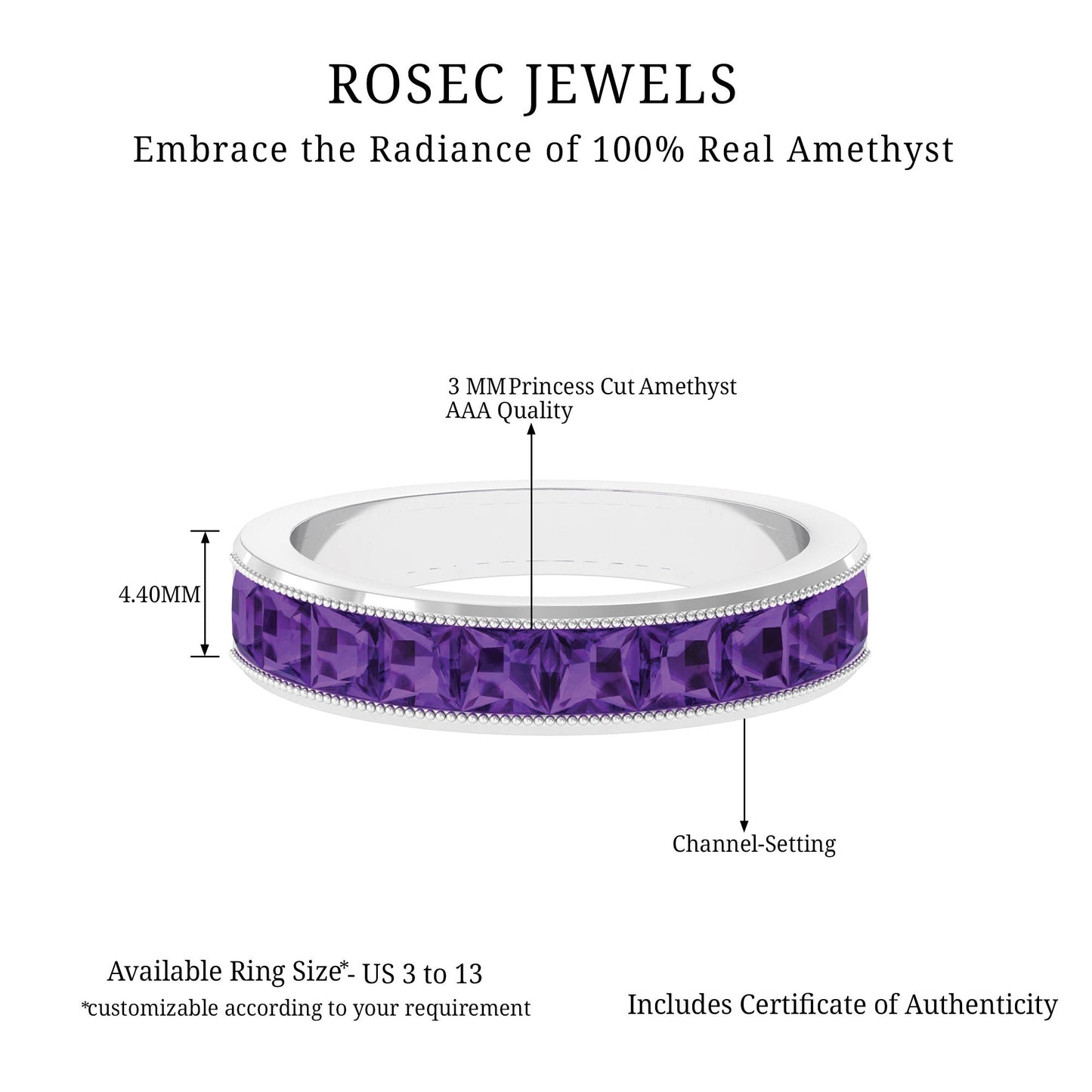 Natural Princess Cut Amethyst Half Eternity Ring for Women