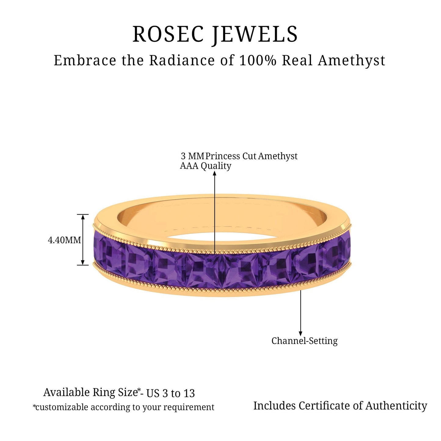Natural Princess Cut Amethyst Half Eternity Ring for Women