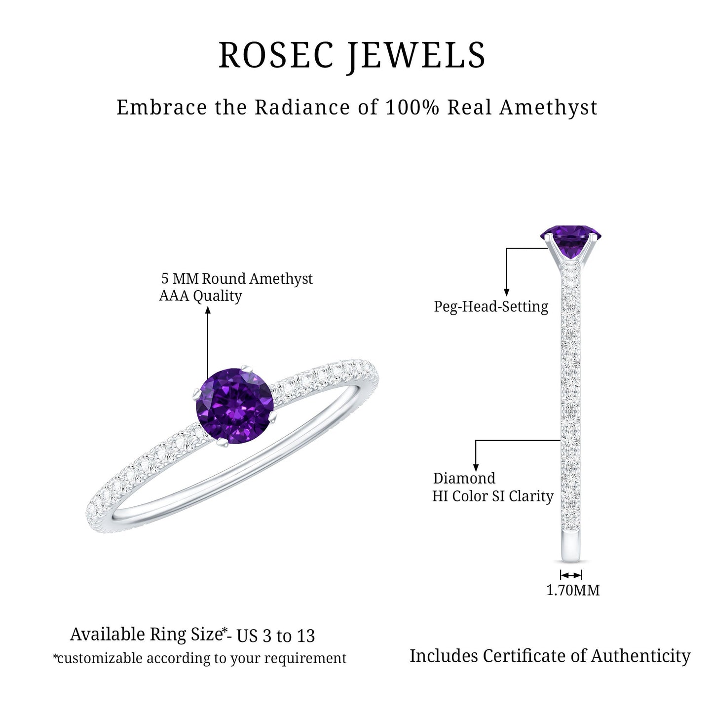 Real Amethyst Diamond Promise Ring for Women