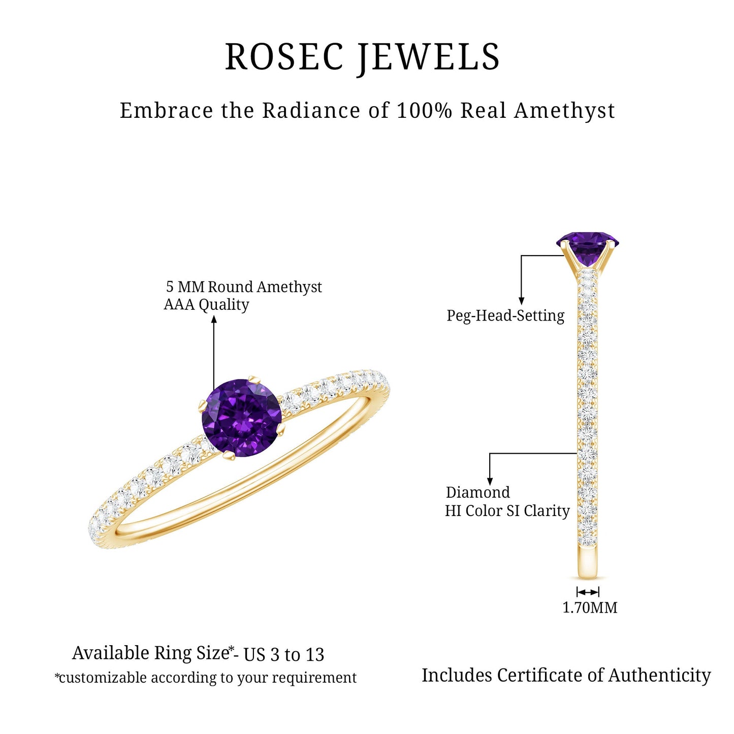 Real Amethyst Diamond Promise Ring for Women