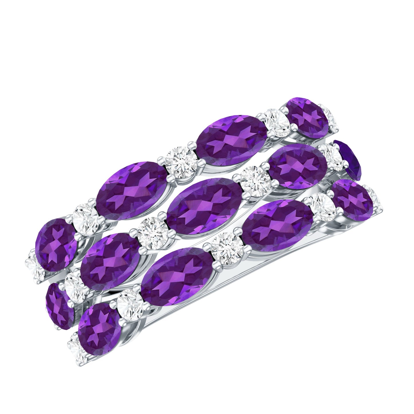 Certified Amethyst and Moissanite Three Row Wedding Band