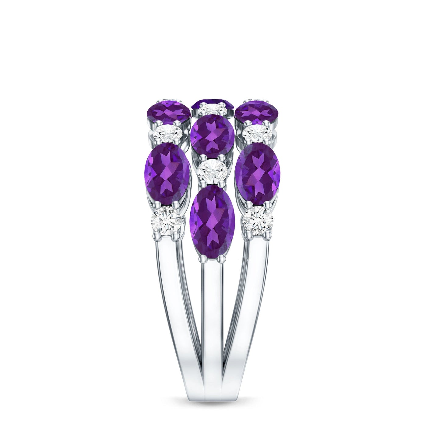 Certified Amethyst and Moissanite Three Row Wedding Band