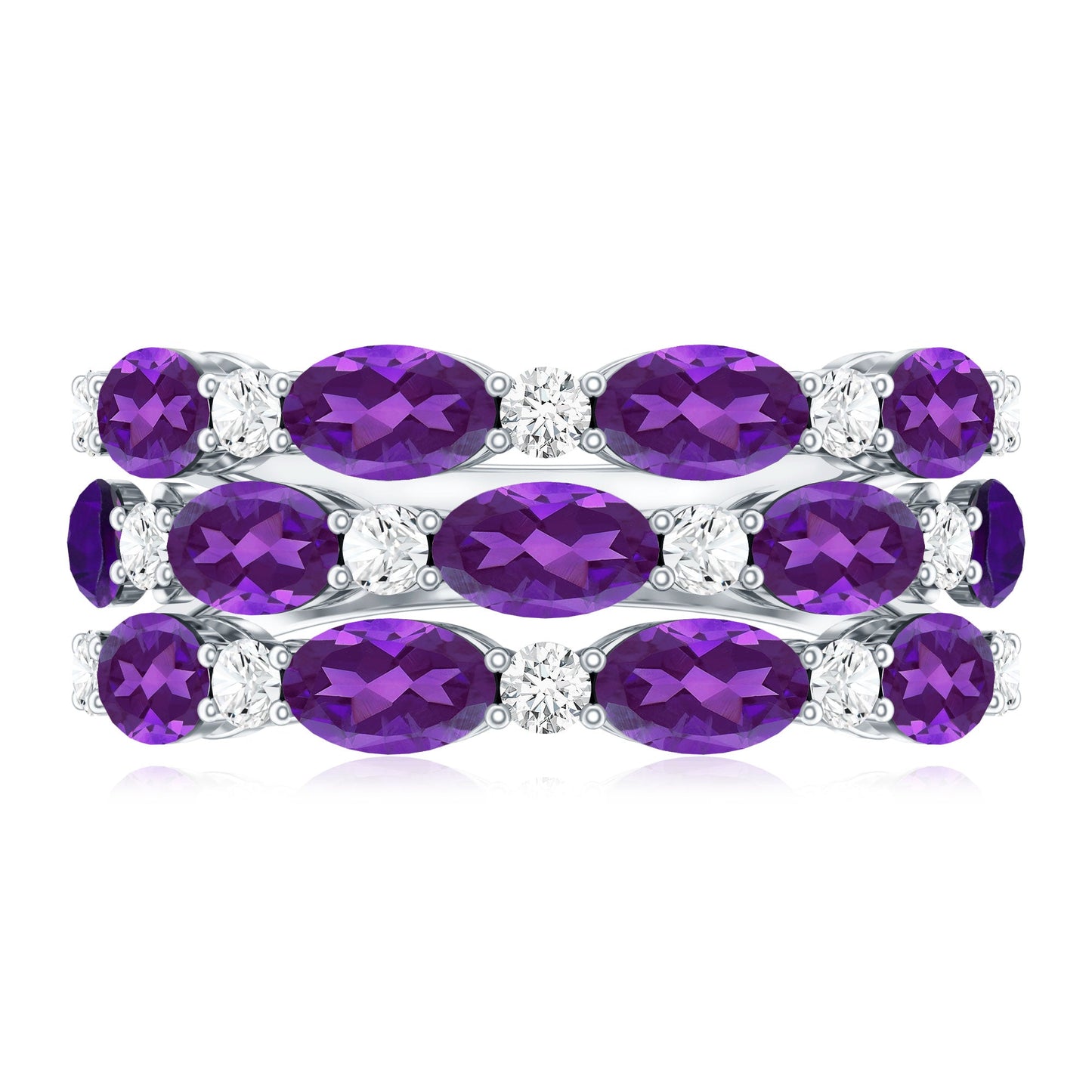 Certified Amethyst and Moissanite Three Row Wedding Band