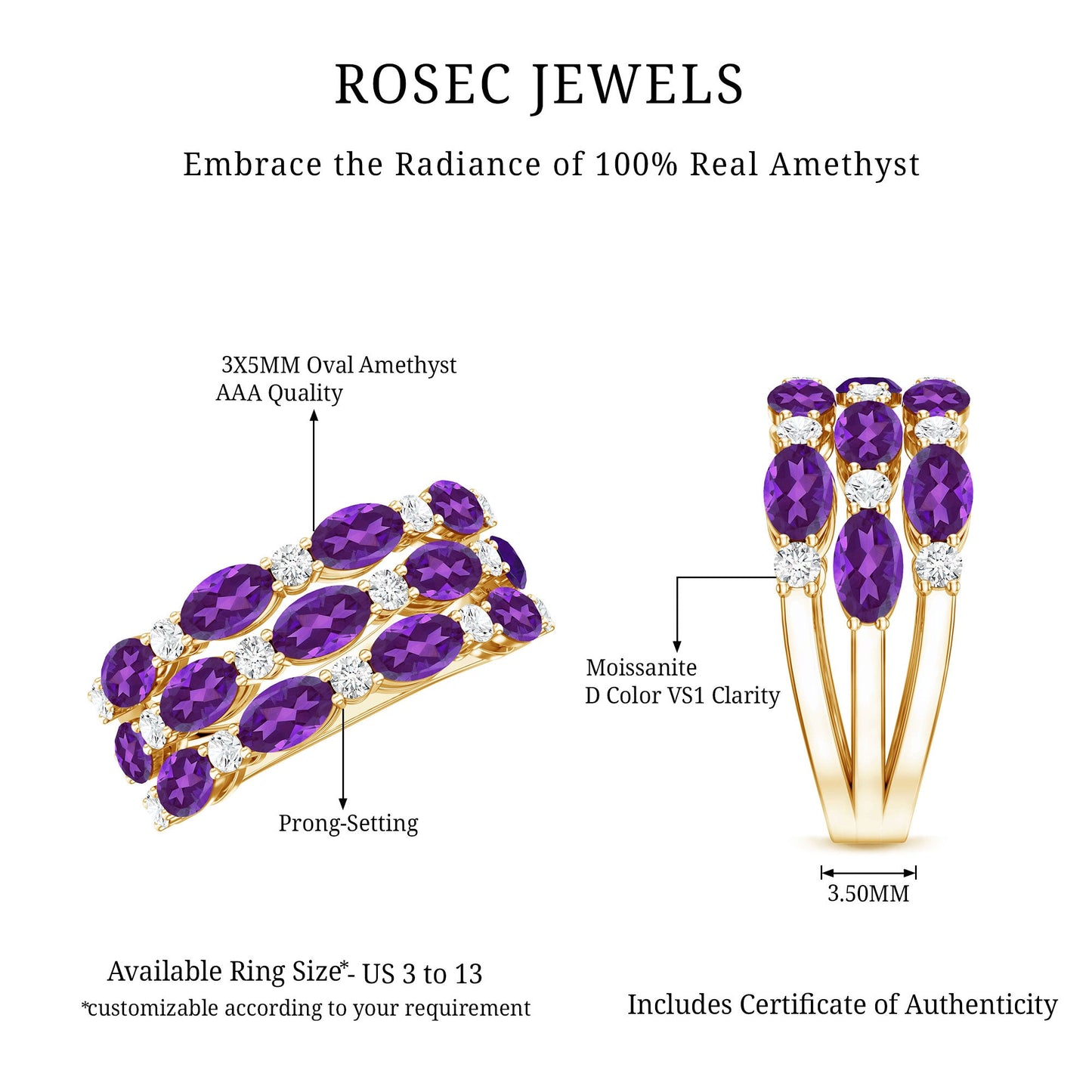 Certified Amethyst and Moissanite Three Row Wedding Band