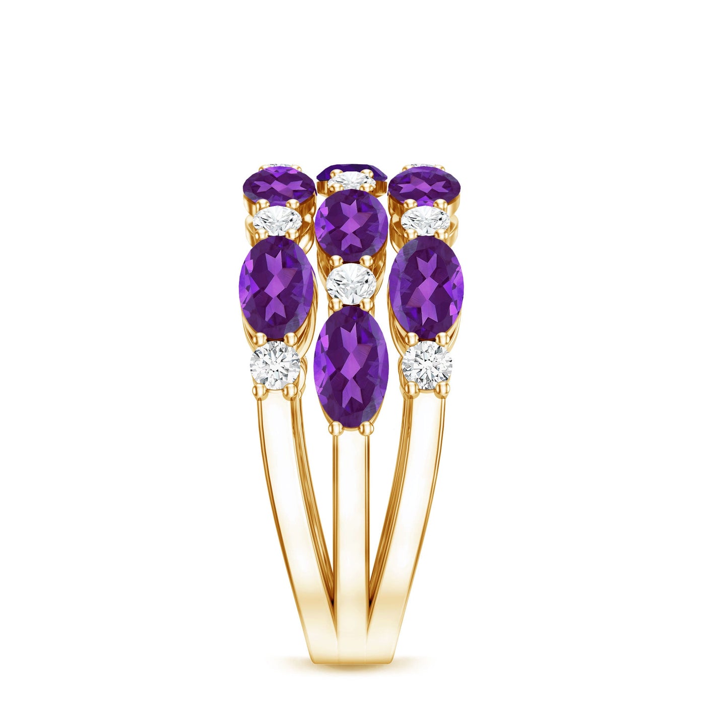 Certified Amethyst and Moissanite Three Row Wedding Band