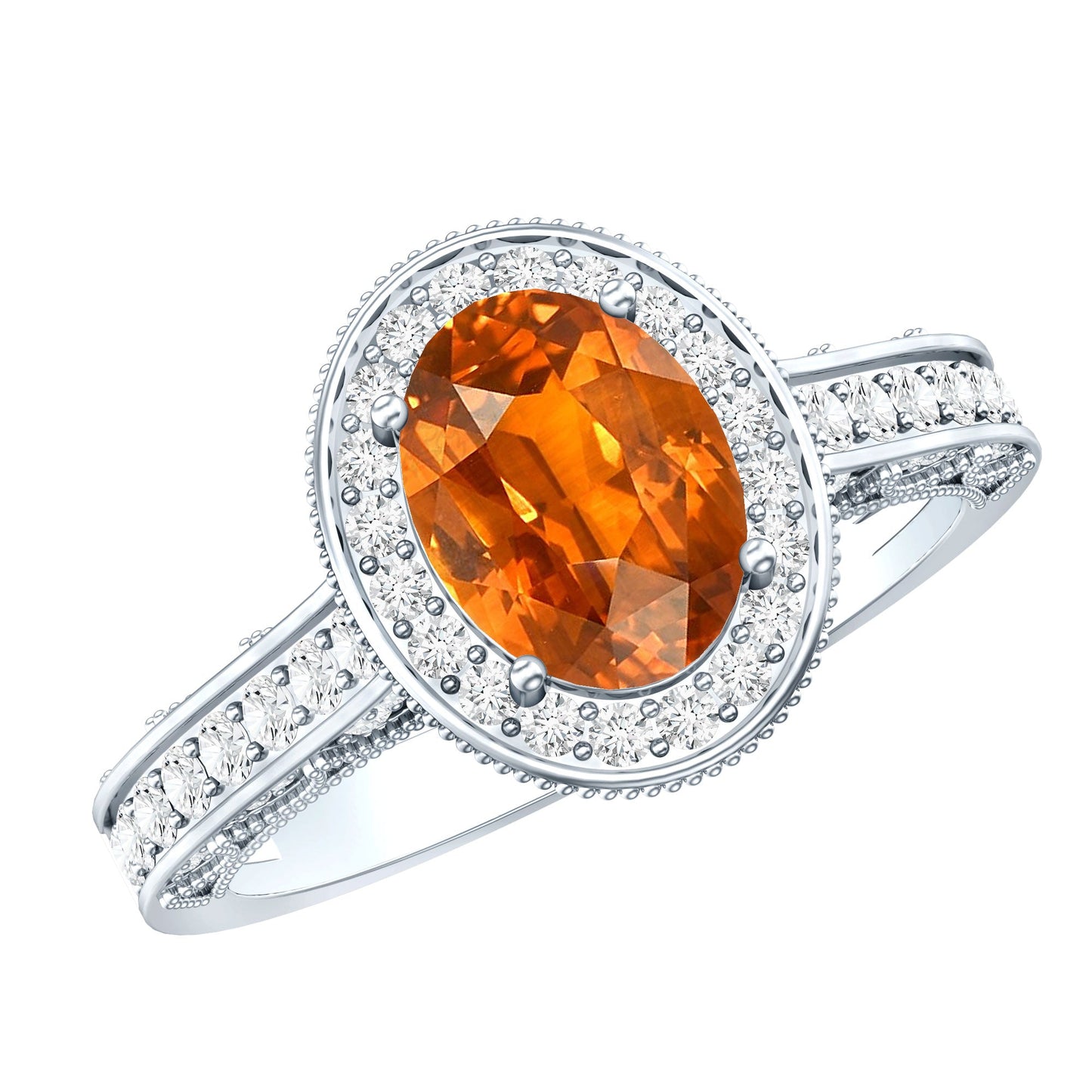 1.5 Carat Lab Grown Orange Sapphire Engagement Ring with Diamond Halo