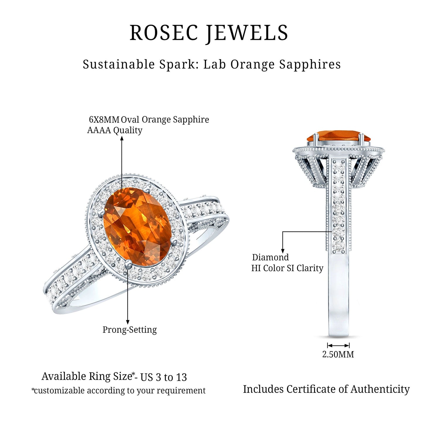 1.5 Carat Lab Grown Orange Sapphire Engagement Ring with Diamond Halo