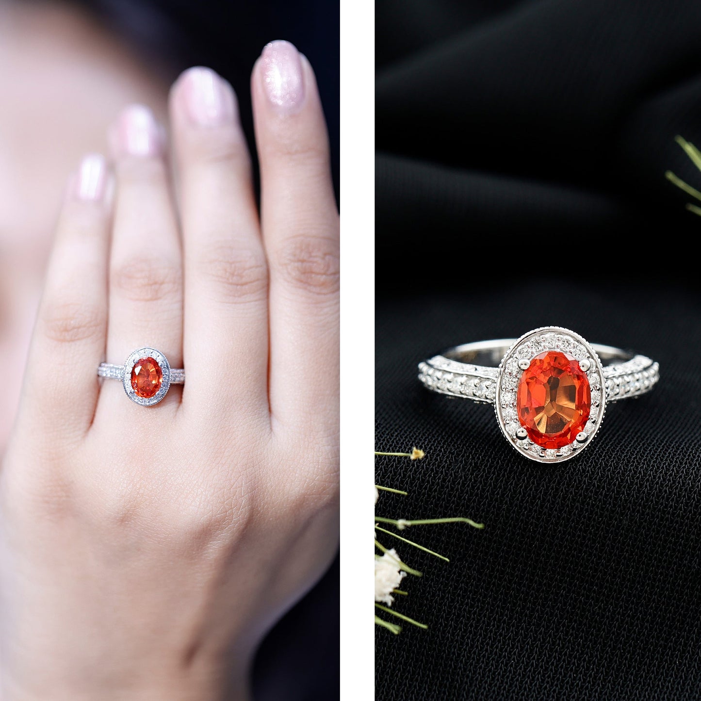 1.5 Carat Lab Grown Orange Sapphire Engagement Ring with Diamond Halo