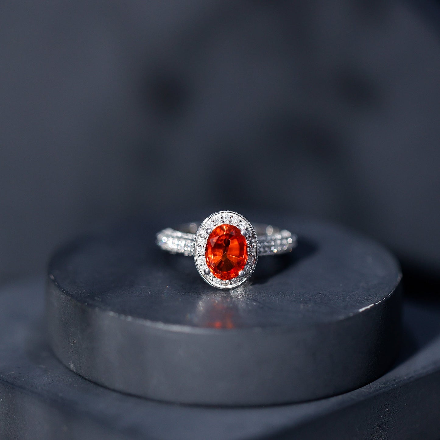 1.5 Carat Lab Grown Orange Sapphire Engagement Ring with Diamond Halo