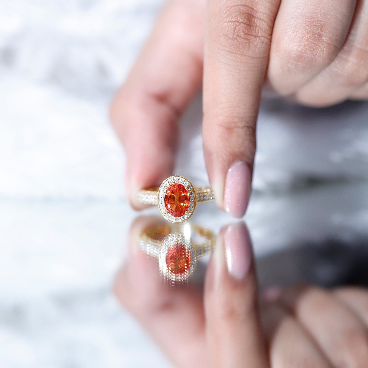 1.5 Carat Lab Grown Orange Sapphire Engagement Ring with Diamond Halo