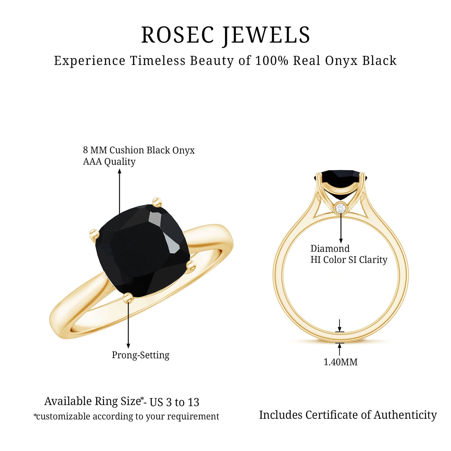 2 Carat Cushion Cut Black Onyx Solitaire Engagement Ring