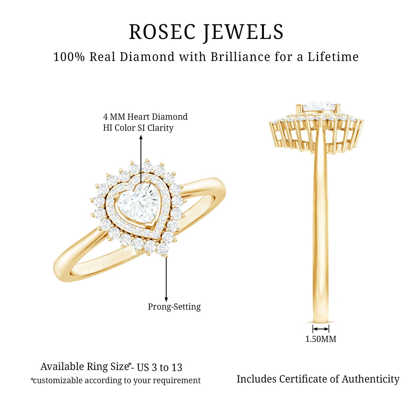 Certified Real 0.27 Carat Diamond Heart Engagement Ring with Double Halo