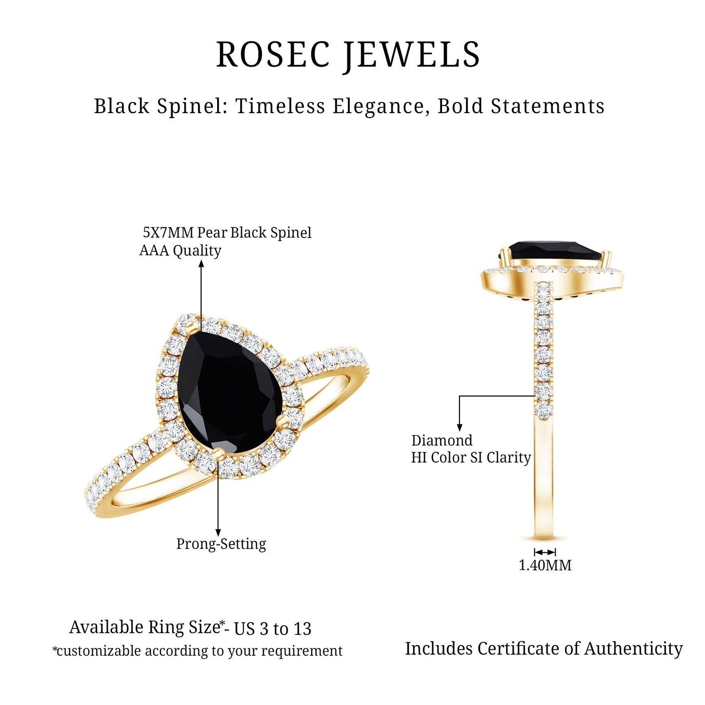 Natural Black Spinel Pear Shaped Engagement Ring with Diamond Halo