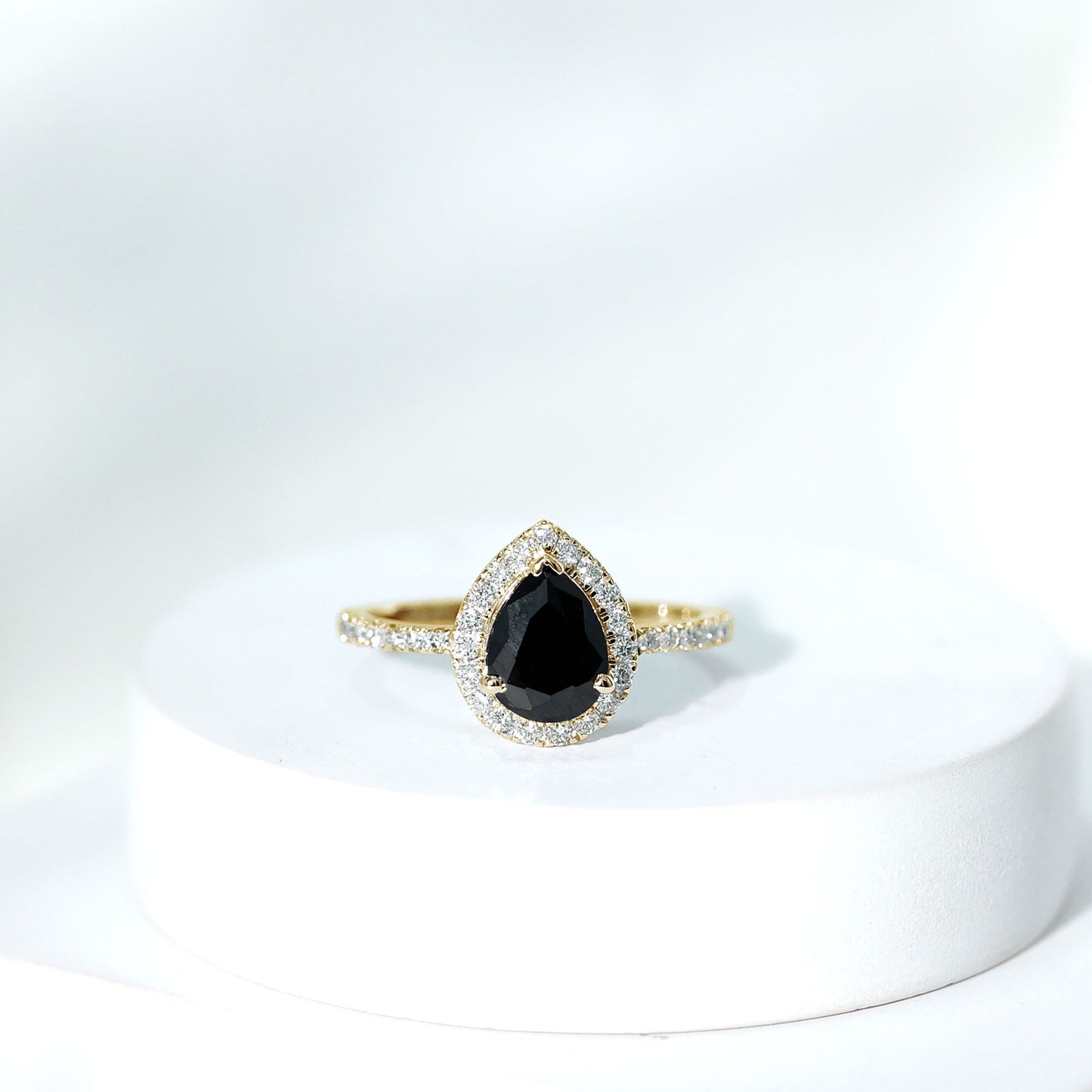 1 Carat Black Onyx Pear Engagement Ring with Diamond Halo