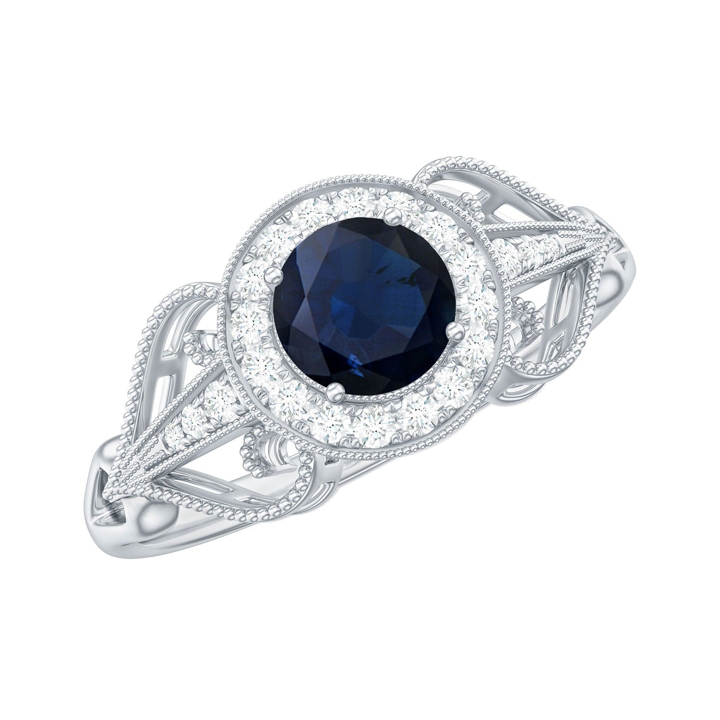 Vintage Looking Blue Sapphire with Diamond Halo Engagement Ring