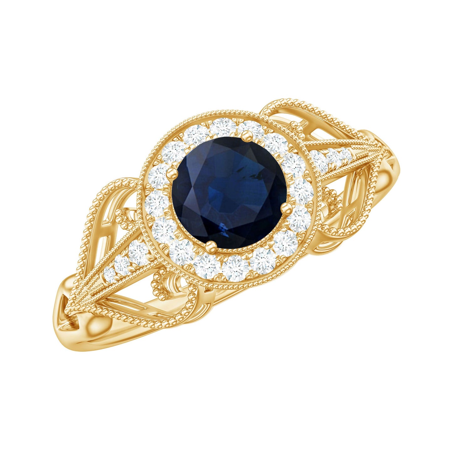 Vintage Looking Blue Sapphire with Diamond Halo Engagement Ring