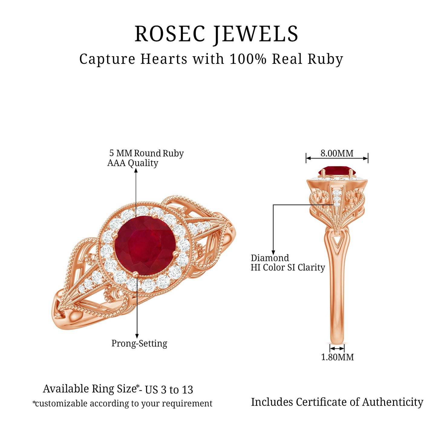 Natural 0.6 Carat Ruby Retro Engagement Ring with Diamond Halo