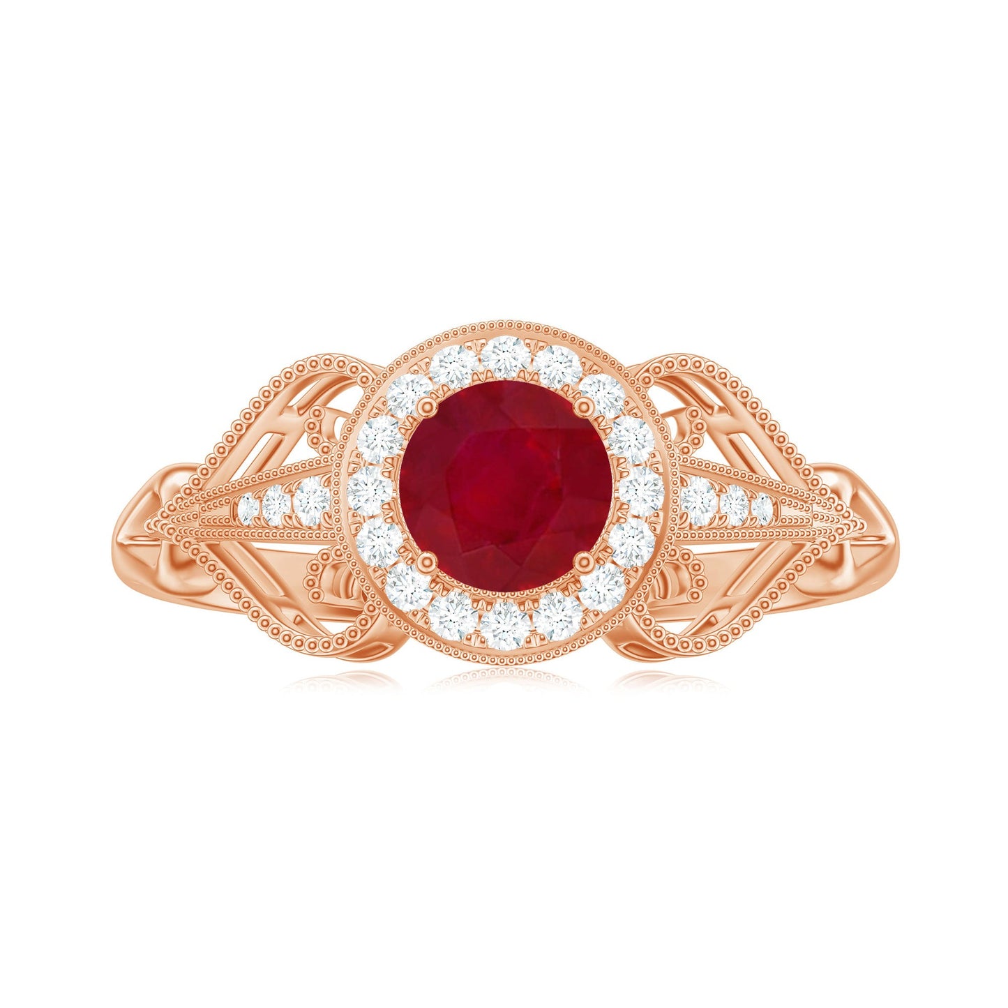 Natural 0.6 Carat Ruby Retro Engagement Ring with Diamond Halo