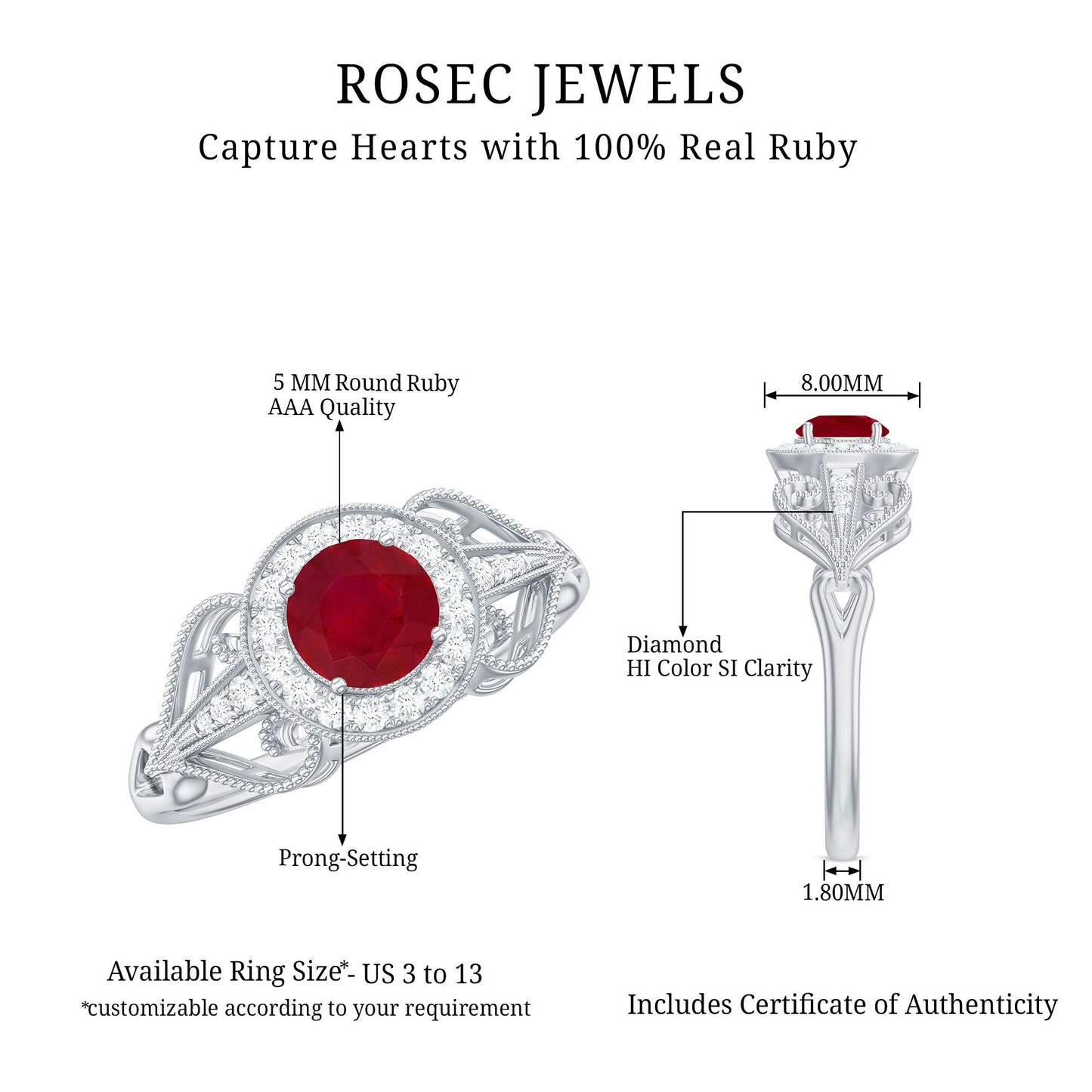 Natural 0.6 Carat Ruby Retro Engagement Ring with Diamond Halo