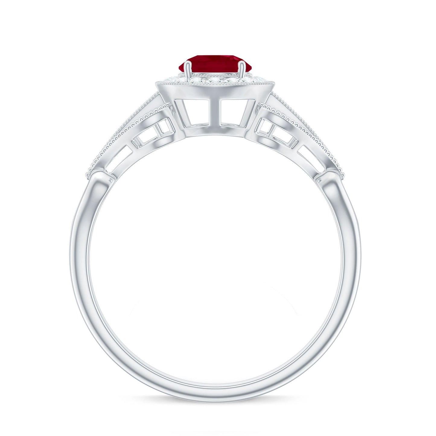 Natural 0.6 Carat Ruby Retro Engagement Ring with Diamond Halo