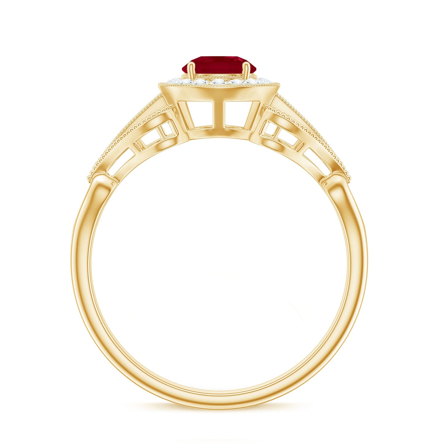 Natural 0.6 Carat Ruby Retro Engagement Ring with Diamond Halo