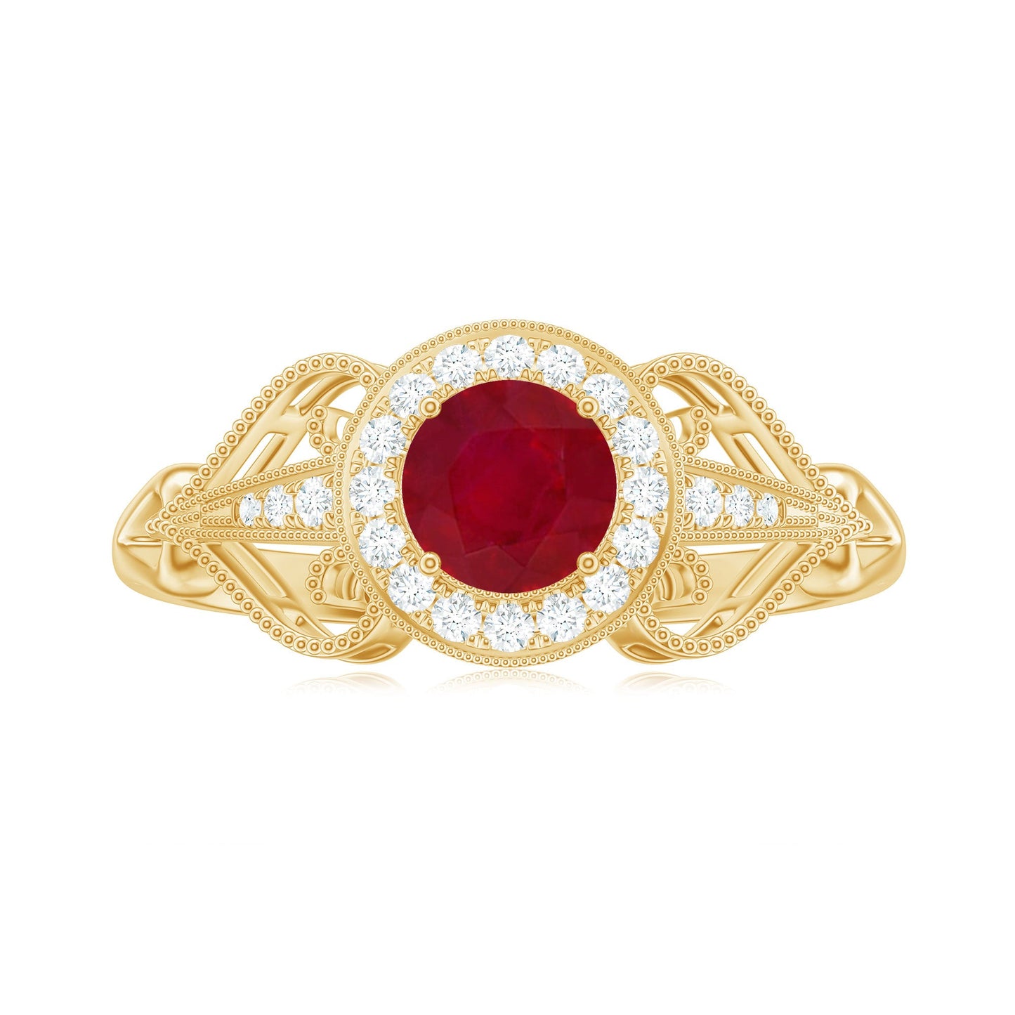 Natural 0.6 Carat Ruby Retro Engagement Ring with Diamond Halo