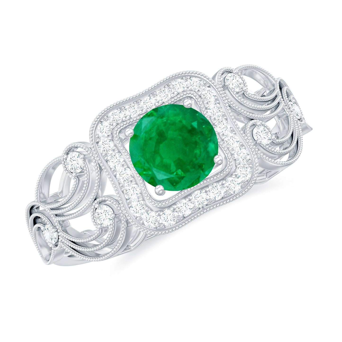 Vintage Looking Emerald Engagement Ring with Diamond Halo
