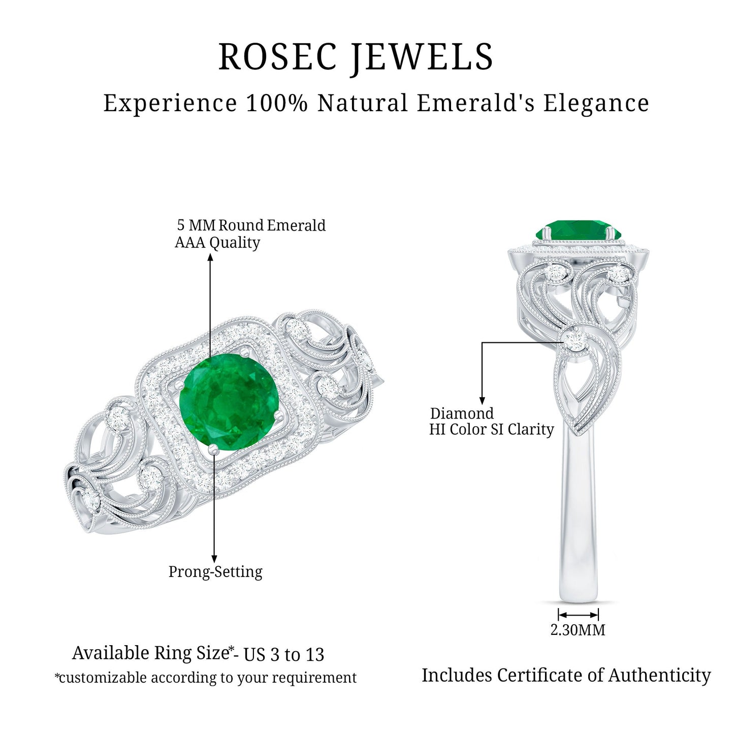 Vintage Looking Emerald Engagement Ring with Diamond Halo