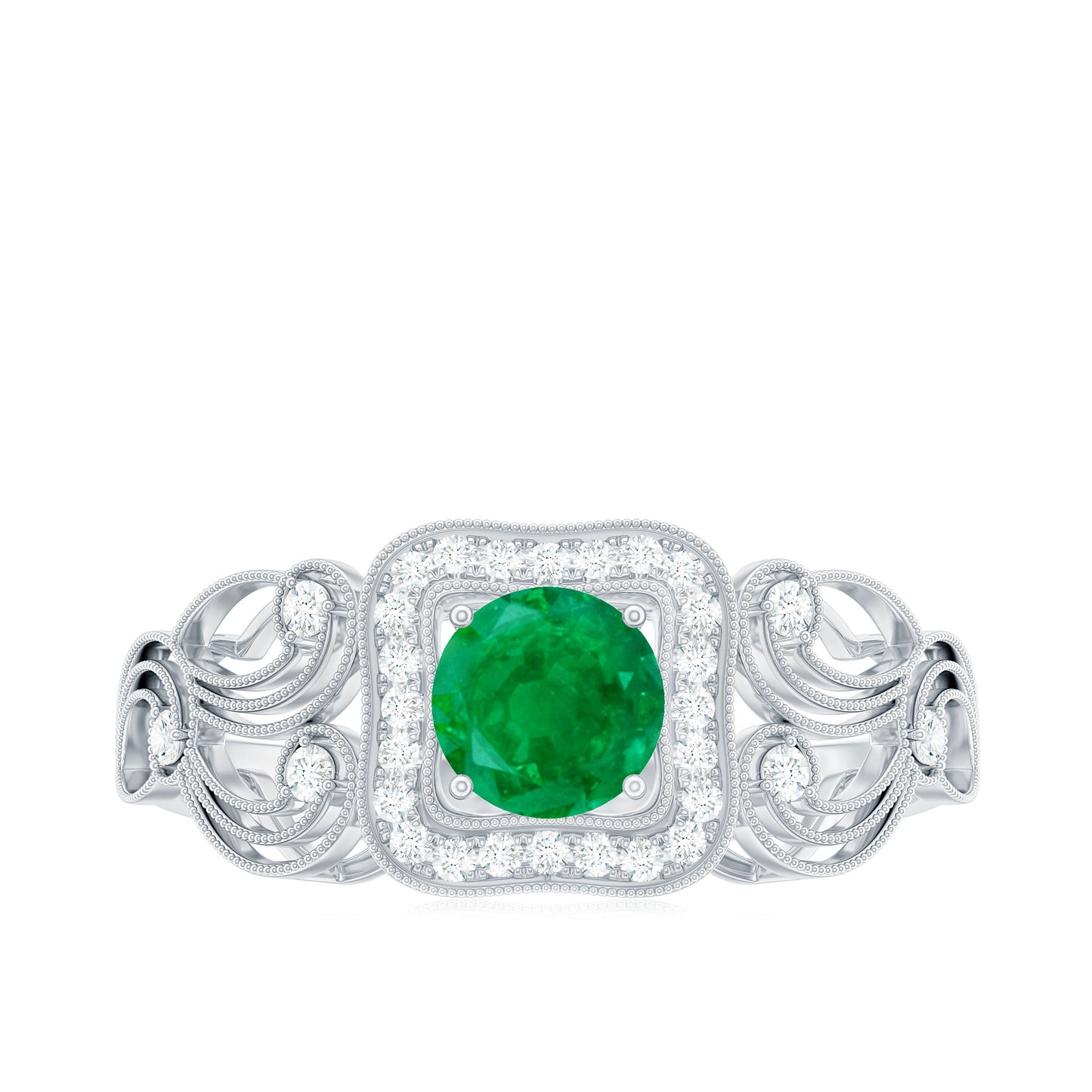 Vintage Looking Emerald Engagement Ring with Diamond Halo