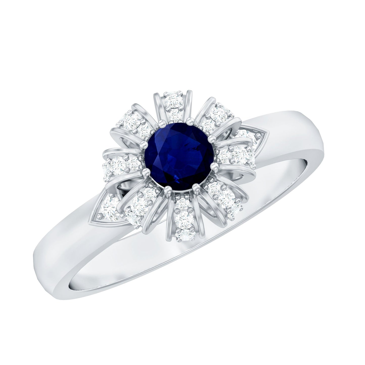 Real Blue Sapphire Flower Engagement Ring with Diamond