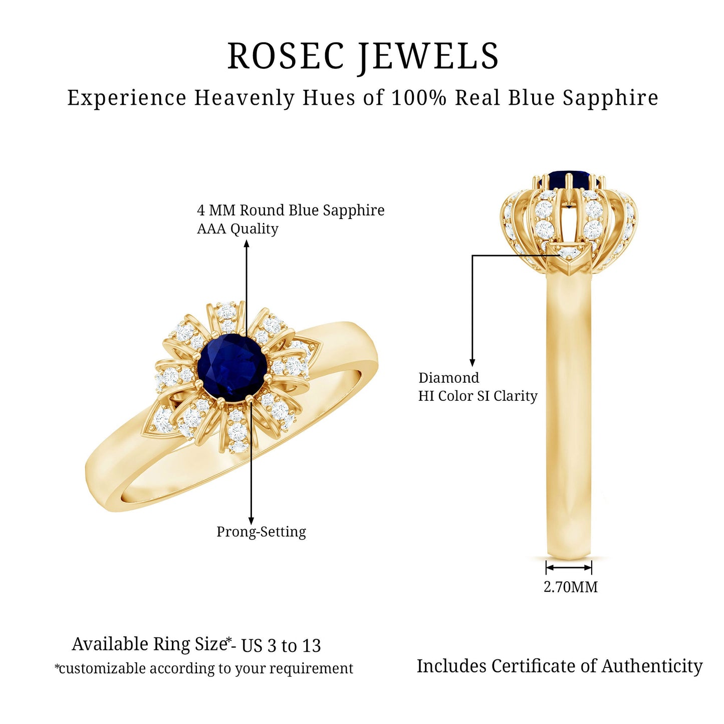Real Blue Sapphire Flower Engagement Ring with Diamond